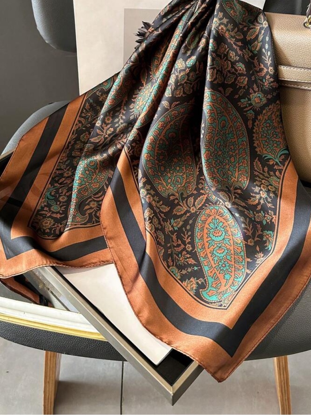 Blue-Green & Brown Classic Paisley Square Scarf | 27.5” - Picture 10 of 11